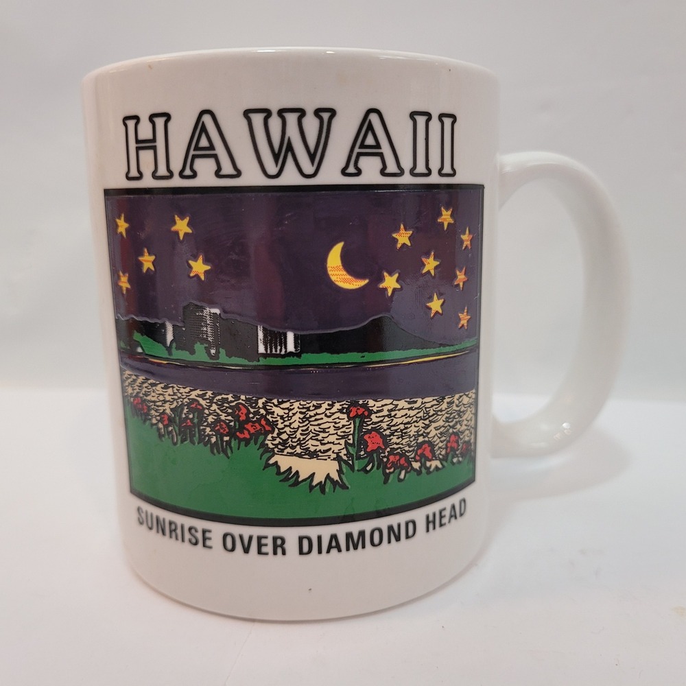 Linyi Silver Rare Vtg Phoenix Coffee Mug Hawaii Sunrise Over Diamond Head White